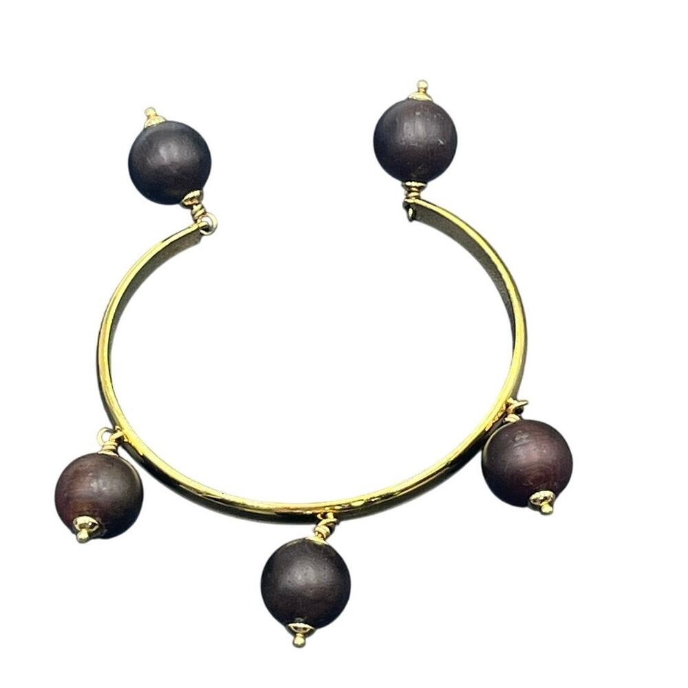 Kate Spade New York Second Nature Cuff Party Wood Brown Bead Gold Plat‎ Bracelet